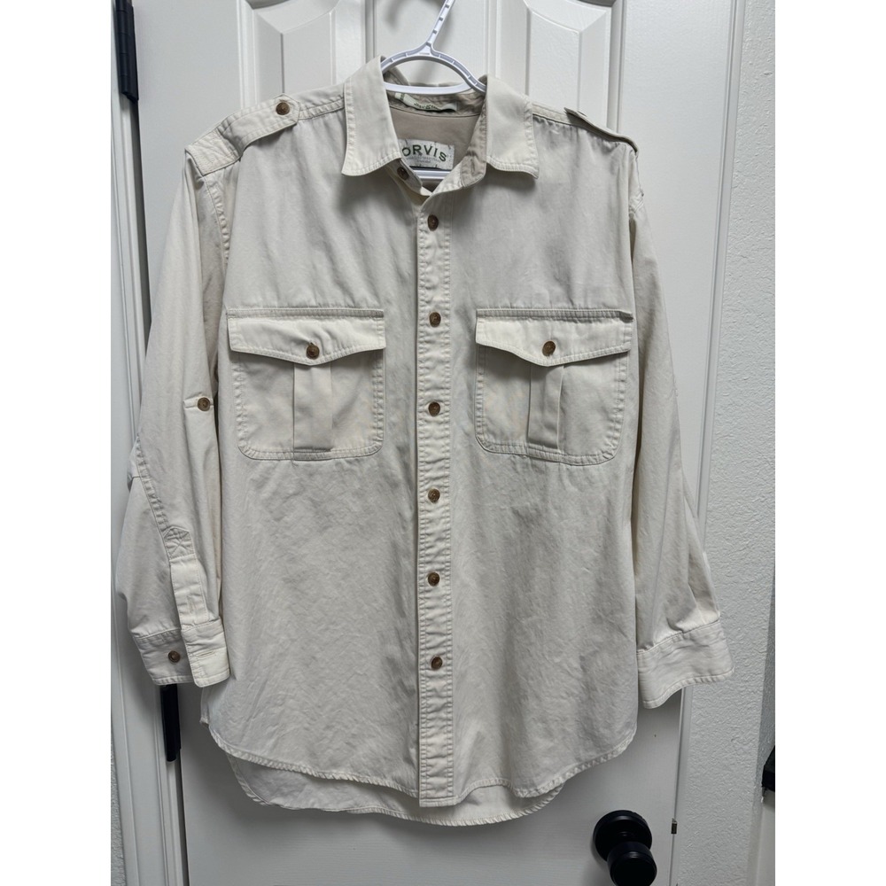 Orvis Shirt Mens Medium Ivory Off White Safari Hunting Cargo Utility Pocket READ